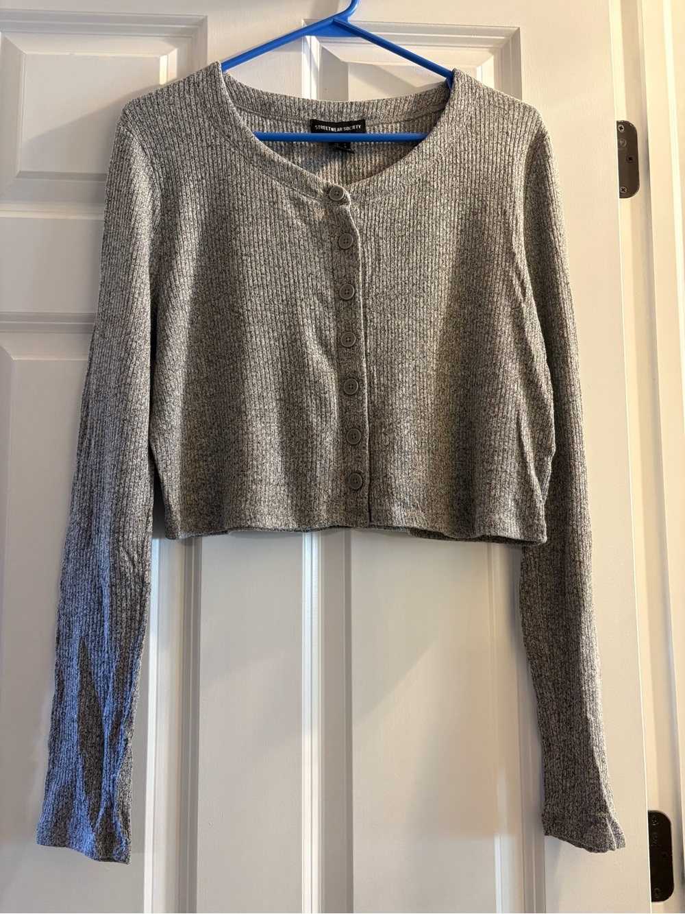 Streetwear Society Gray Ribbed Cropped Crewneck Cardigan